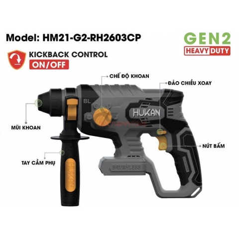 Máy khoan bê tông Pin 21V Hukan HM21-G2-RH2603CP Brushless