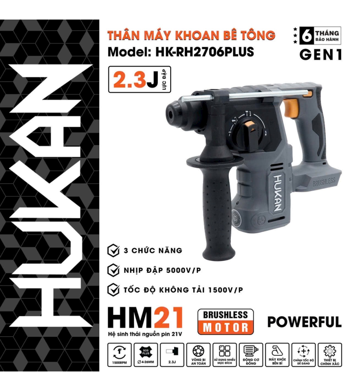 Thân Máy Khoan Bê Tông Dùng Pin Hukan HM21-RH2706Plus ( Chưa Pin & Sạc )